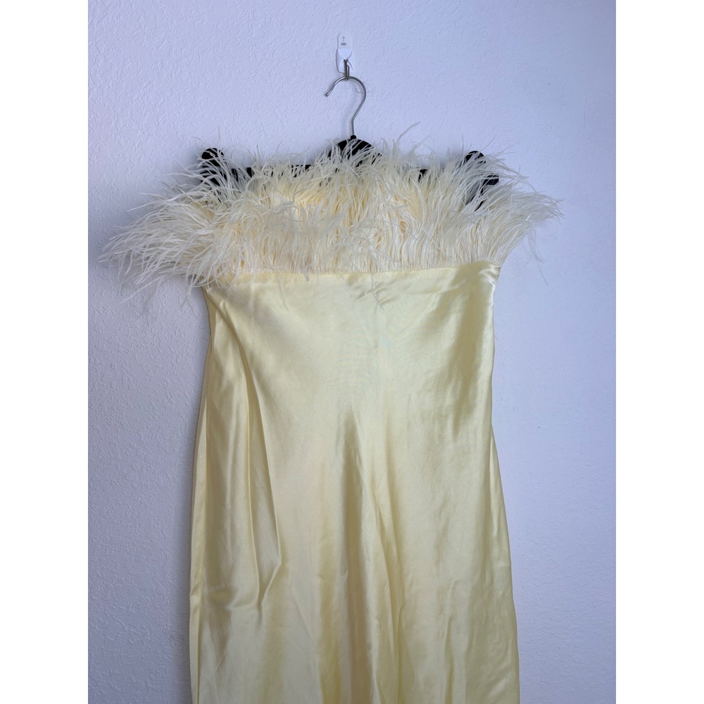 Zara Feather Trim Satin Midi Dress Medium Yellow Strapless Party wedding new - Picture 6 of 15